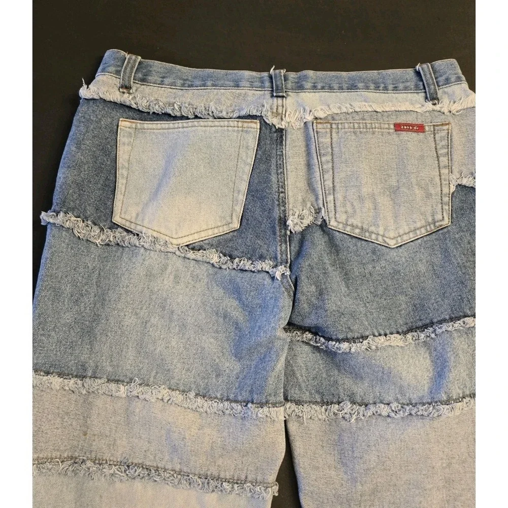 Zana Di Women's Wide-Leg Colorblock Fringe Blue Denim Jeans Size 13 Hippy Boho - Picture 3 of 8